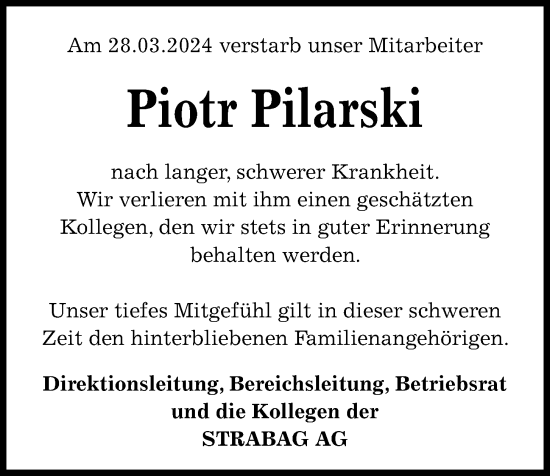 Traueranzeige von Piotr Pilarski von Kieler Nachrichten