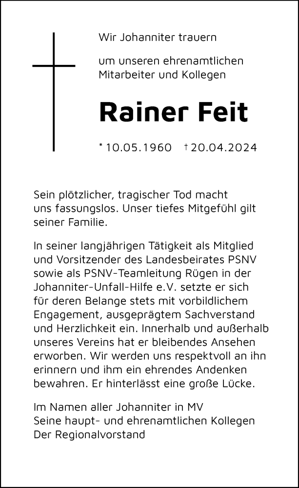  Traueranzeige für Rainer Feit vom 27.04.2024 aus Ostsee-Zeitung GmbH