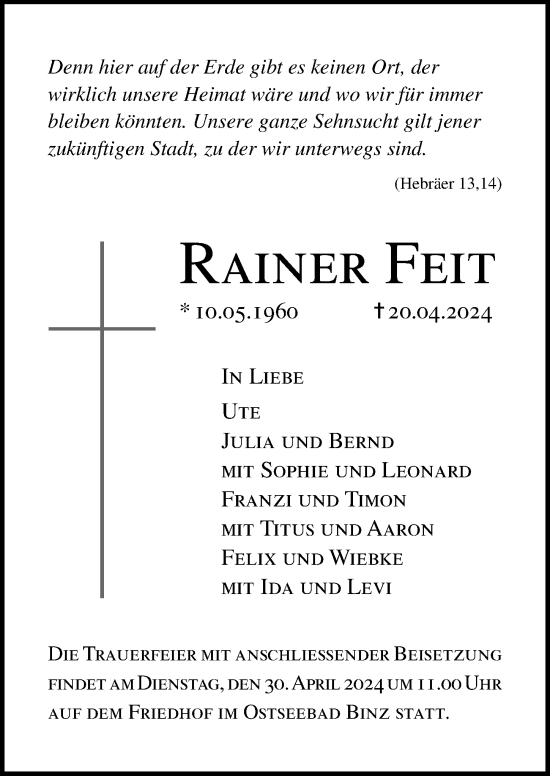 Traueranzeige von Rainer Feit von Ostsee-Zeitung GmbH