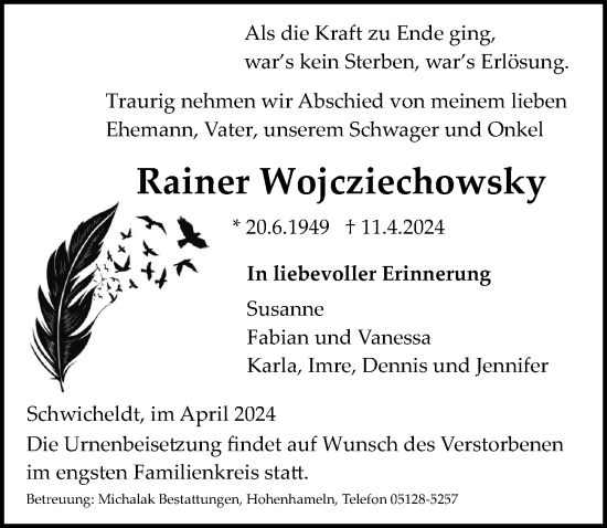 Traueranzeige von Rainer Wojcziechowsky von Peiner Allgemeine Zeitung
