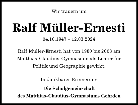 Traueranzeige von Ralf Müller-Ernesti von Hannoversche Allgemeine Zeitung/Neue Presse