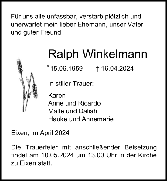 Traueranzeige von Ralph Winkelmann von Ostsee-Zeitung GmbH