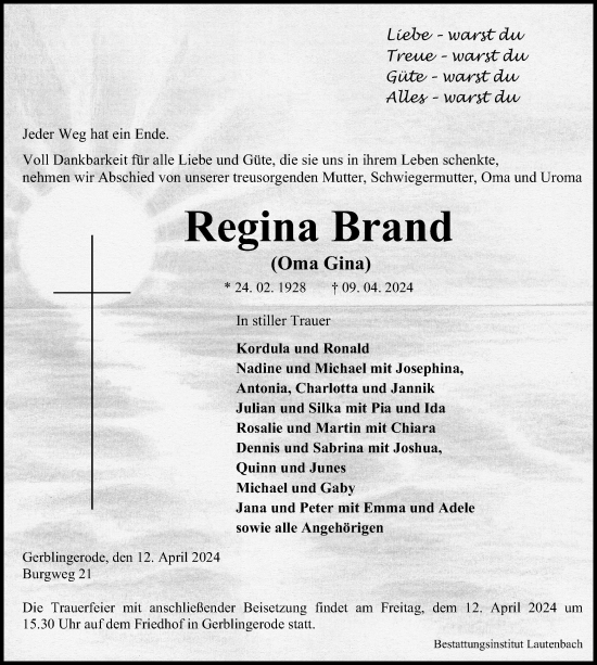 Traueranzeige von Regina Brand von Eichsfelder Tageblatt