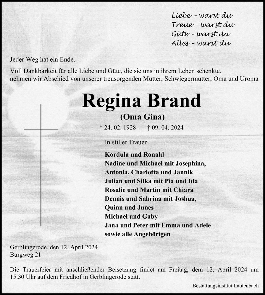  Traueranzeige für Regina Brand vom 12.04.2024 aus Eichsfelder Tageblatt