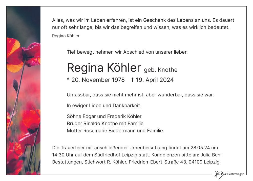  Traueranzeige für Regina Köhler vom 27.04.2024 aus Leipziger Volkszeitung