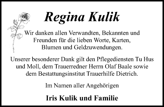 Traueranzeige von Regina Kulik von Ostsee-Zeitung GmbH