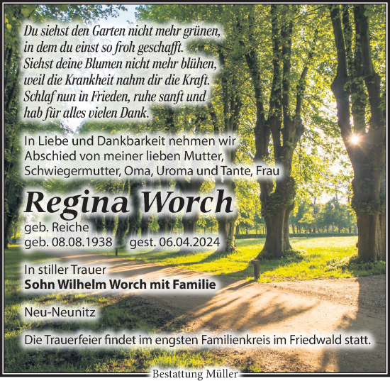 Traueranzeige von Regina Worch von Leipziger Volkszeitung