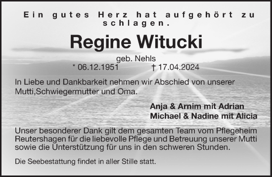 Traueranzeige von Regine Witucki von Ostsee-Zeitung GmbH