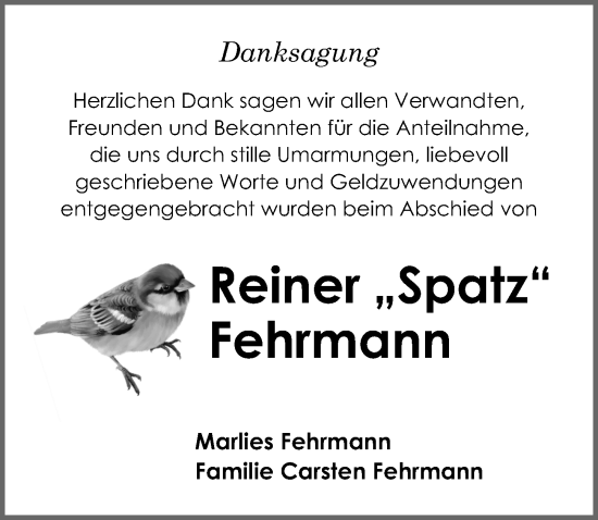 Traueranzeige von Reiner Fehrmann von Ostsee-Zeitung GmbH