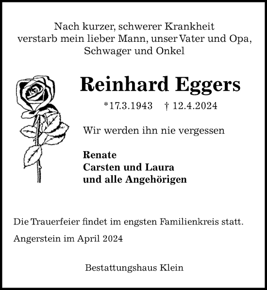 Traueranzeige von Reinhard Eggers von Göttinger Tageblatt