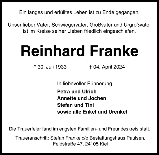 Traueranzeige von Reinhard Franke von Kieler Nachrichten