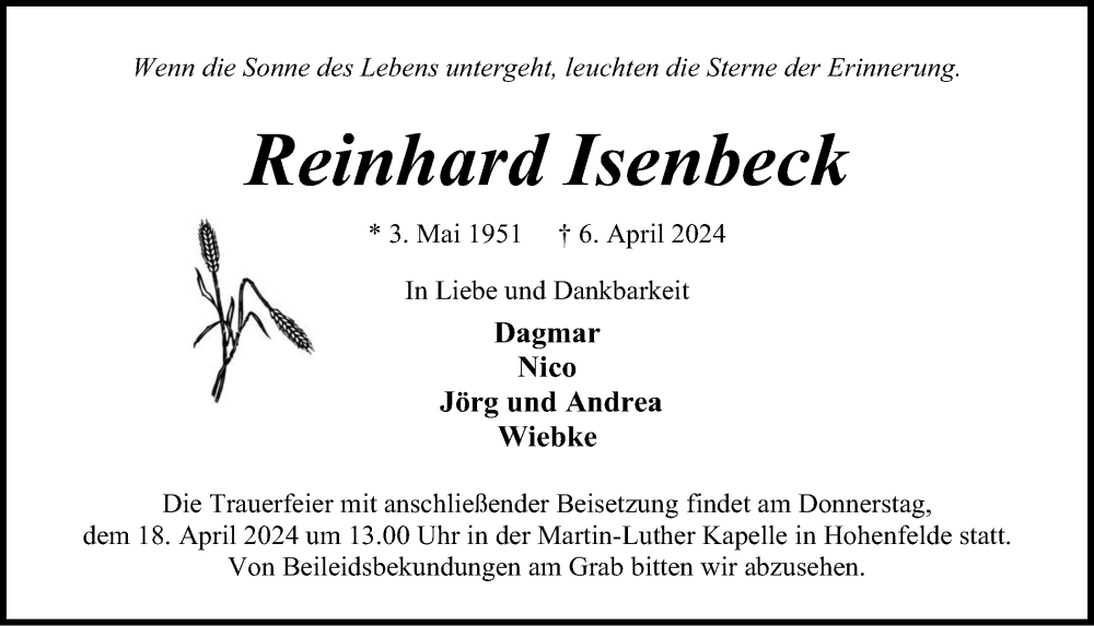  Traueranzeige für Reinhard Isenbeck vom 13.04.2024 aus Kieler Nachrichten