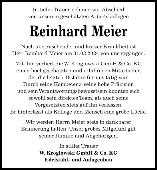 Traueranzeige von Reinhard Meier von Kieler Nachrichten