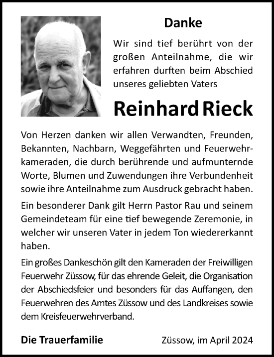 Traueranzeige von Reinhard Rieck von Ostsee-Zeitung GmbH