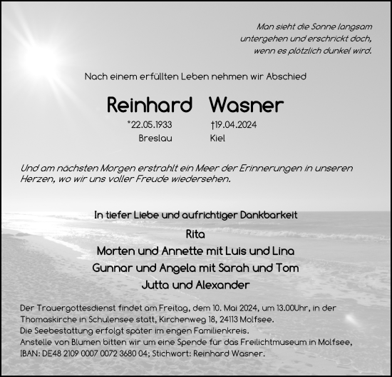 Traueranzeige von Reinhard Wasner von Kieler Nachrichten