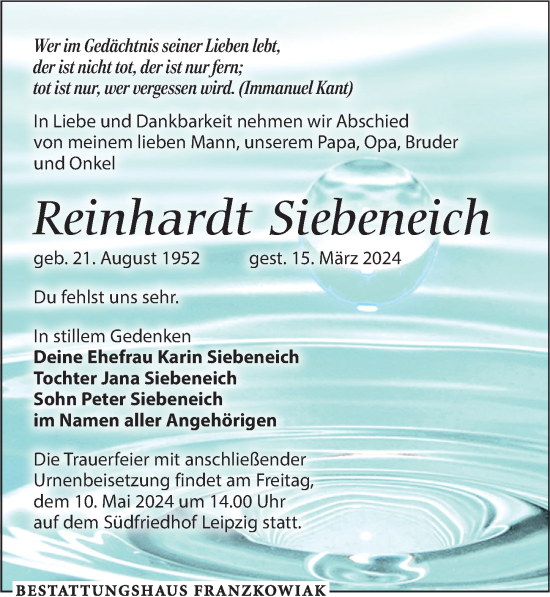 Traueranzeige von Reinhardt Siebeneich von Leipziger Volkszeitung
