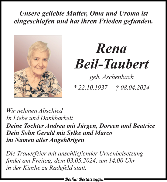 Traueranzeige von Rena Beil-Taubert von Leipziger Volkszeitung
