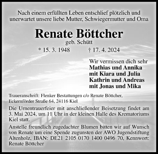Traueranzeige von Renate Böttcher von Kieler Nachrichten