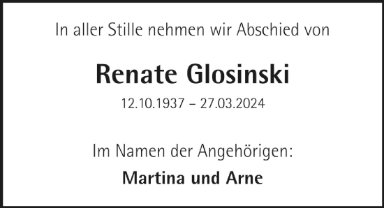 Traueranzeige von Renate Glosinski von Ostsee-Zeitung GmbH