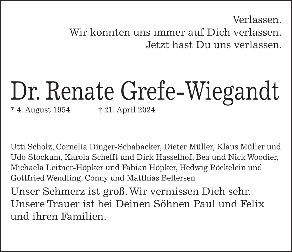  Traueranzeige für Renate Grefe-Wiegandt vom 27.04.2024 aus Göttinger Tageblatt