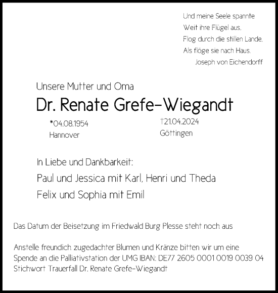 Traueranzeige von Renate Grefe-Wiegandt von Göttinger Tageblatt
