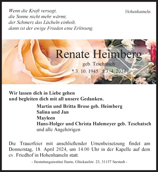 Traueranzeige von Renate Heimberg von Peiner Allgemeine Zeitung