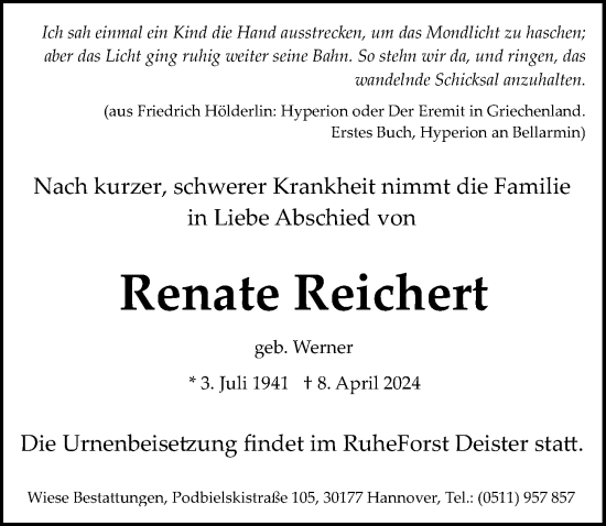 Traueranzeige von Renate Reichert von Hannoversche Allgemeine Zeitung/Neue Presse