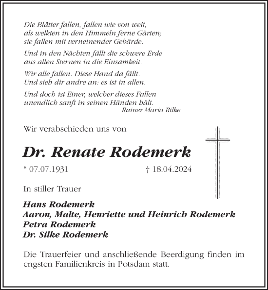 Traueranzeige von Renate Rodemerk von Märkischen Allgemeine Zeitung