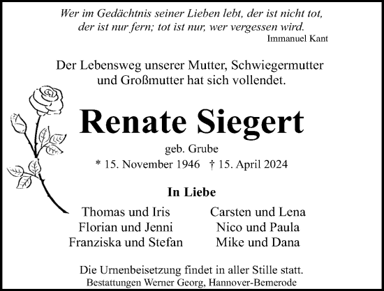 Traueranzeige von Renate Siegert von Hannoversche Allgemeine Zeitung/Neue Presse