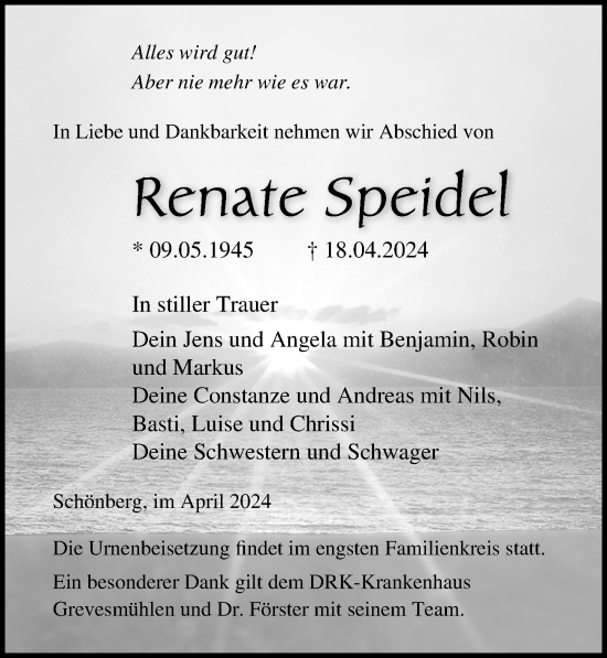 Traueranzeige von Renate Speidel von Ostsee-Zeitung GmbH