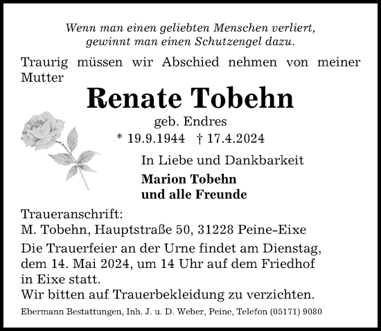 Traueranzeige von Renate Tobehn von Peiner Allgemeine Zeitung