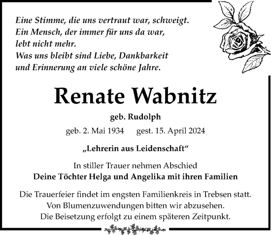 Traueranzeige von Renate Wabnitz von Leipziger Volkszeitung