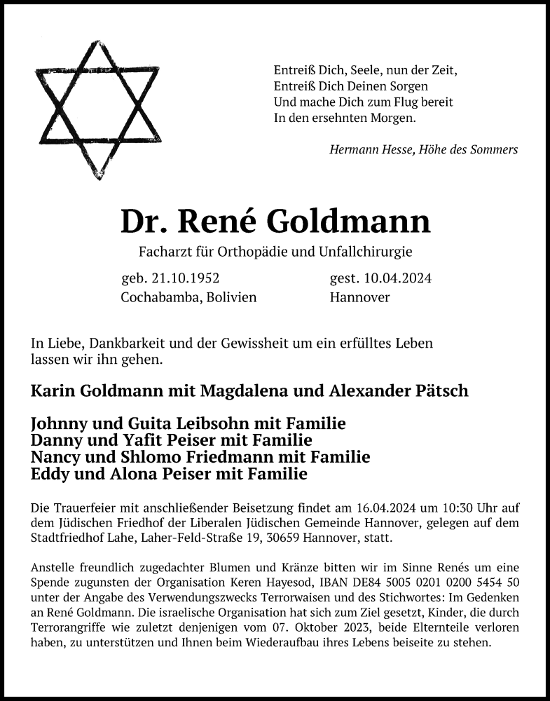  Traueranzeige für Rene Goldmann vom 13.04.2024 aus Hannoversche Allgemeine Zeitung/Neue Presse