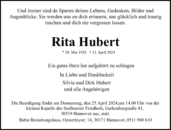 Traueranzeige von Rita Hubert von Hannoversche Allgemeine Zeitung/Neue Presse