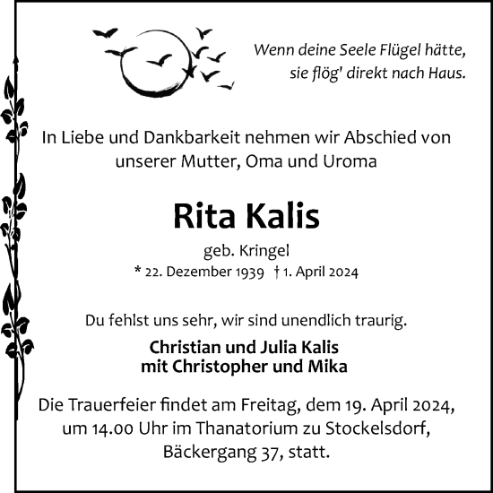Traueranzeige von Rita Kalis von Lübecker Nachrichten