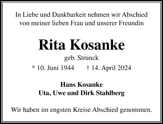 Traueranzeige von Rita Kosanke von Lübecker Nachrichten