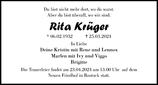 Traueranzeige von Rita Krüger von Ostsee-Zeitung GmbH