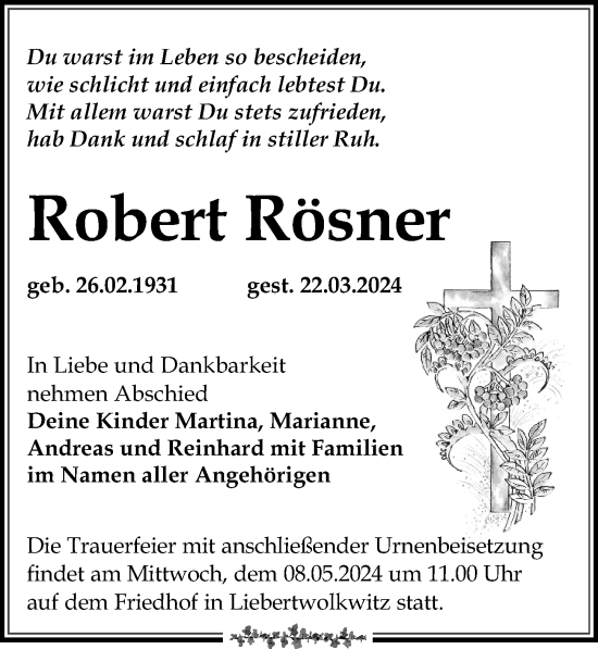 Traueranzeige von Robert Rösner von Leipziger Volkszeitung