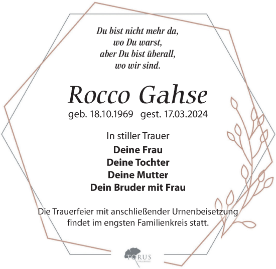 Traueranzeige von Rocco Gahse von Leipziger Volkszeitung