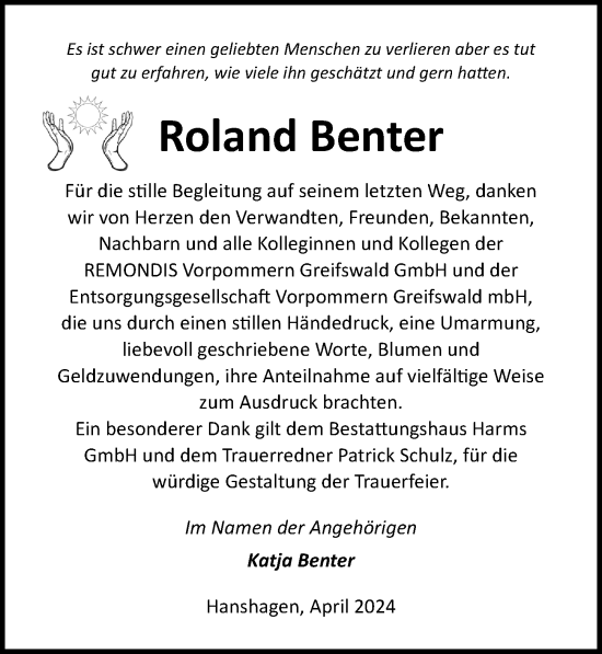 Traueranzeige von Roland Benter von Ostsee-Zeitung GmbH