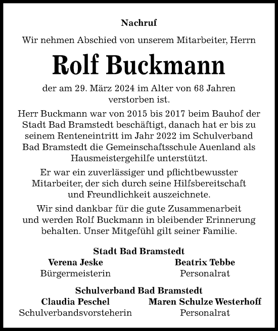 Traueranzeige von Rolf Buckmann von Kieler Nachrichten