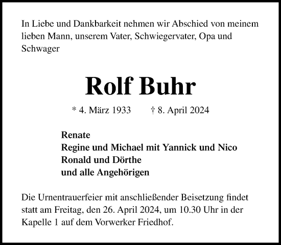 Traueranzeige von Rolf Buhr von Lübecker Nachrichten