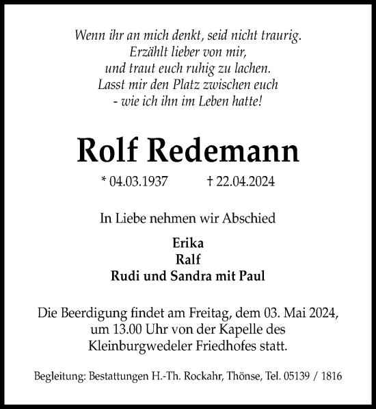 Traueranzeige von Rolf Redemann von Hannoversche Allgemeine Zeitung/Neue Presse
