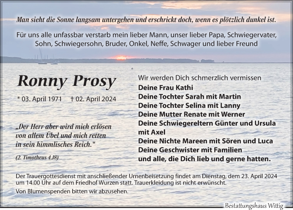  Traueranzeige für Ronny Prosy vom 13.04.2024 aus Torgauer Zeitung