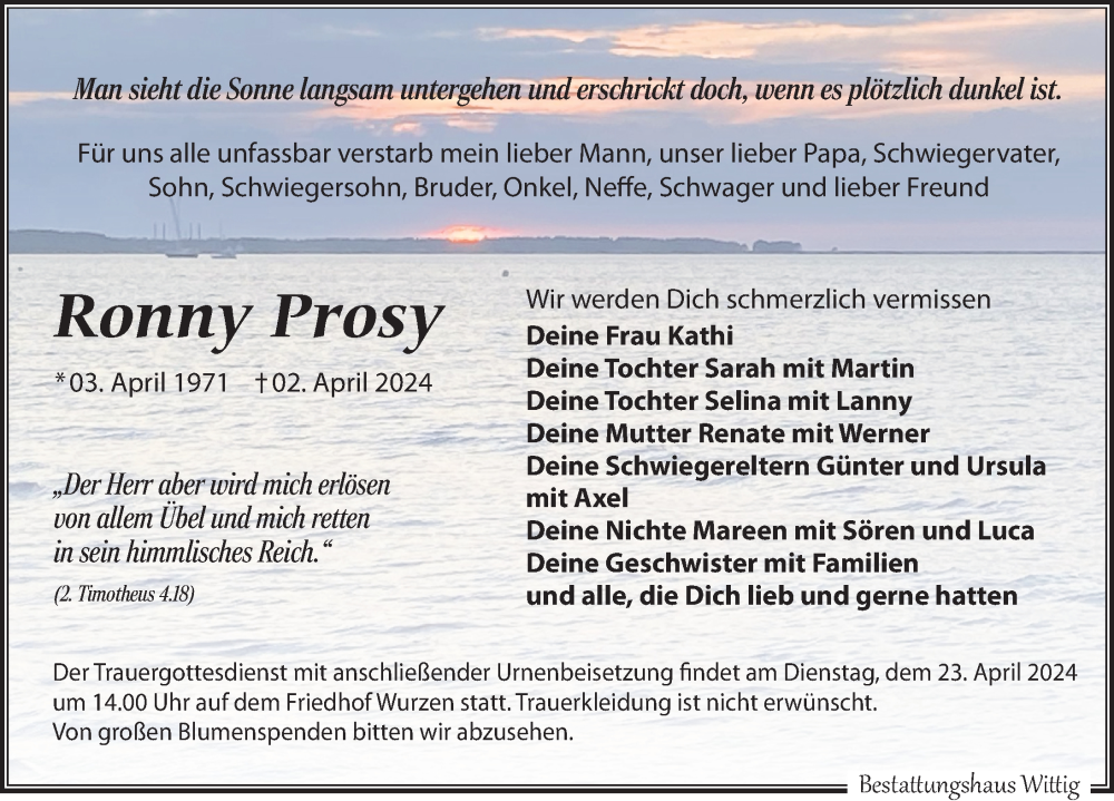  Traueranzeige für Ronny Prosy vom 13.04.2024 aus Leipziger Volkszeitung