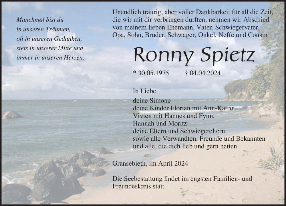  Traueranzeige für Ronny Spietz vom 13.04.2024 aus Ostsee-Zeitung GmbH