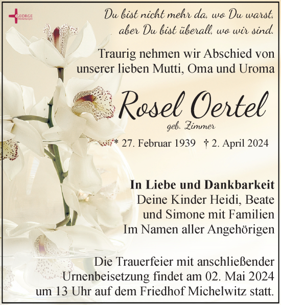 Traueranzeige von Rosel Oertel von Leipziger Volkszeitung