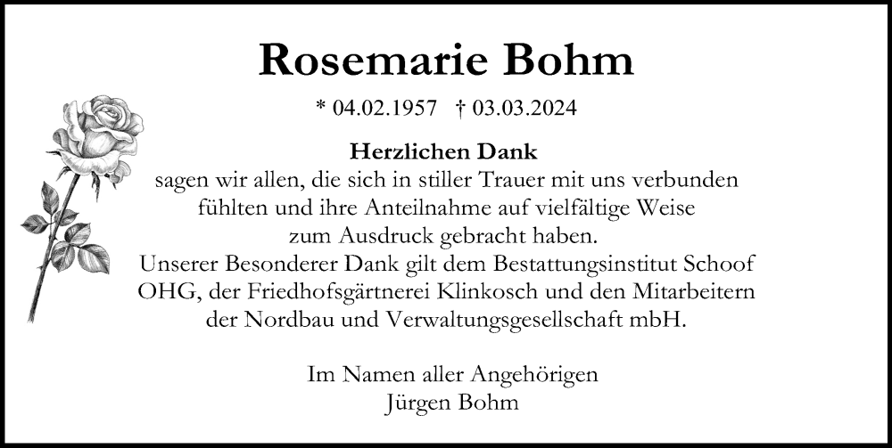  Traueranzeige für Rosemarie Bohm vom 13.04.2024 aus Ostsee-Zeitung GmbH