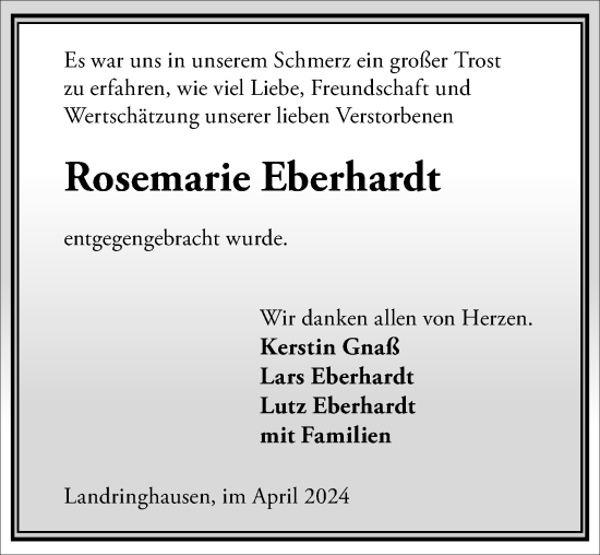 Traueranzeige von Rosemarie Eberhardt von Hannoversche Allgemeine Zeitung/Neue Presse