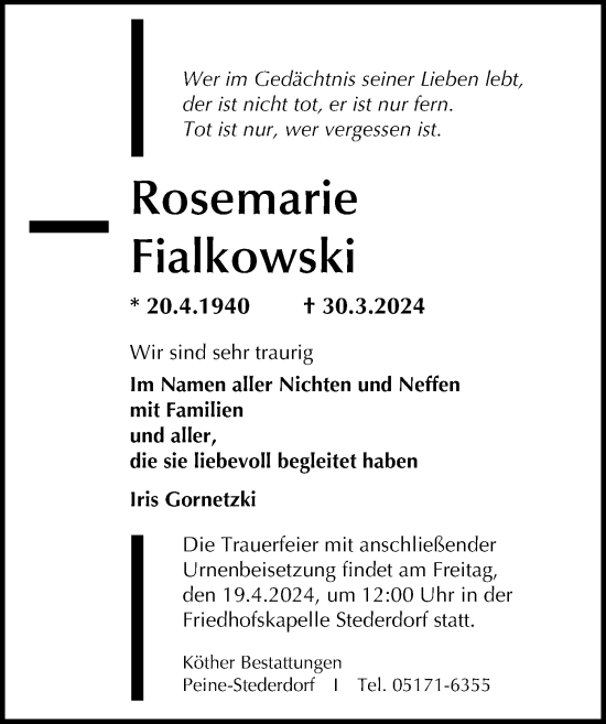 Traueranzeige von Rosemarie Fialkowski von Peiner Allgemeine Zeitung